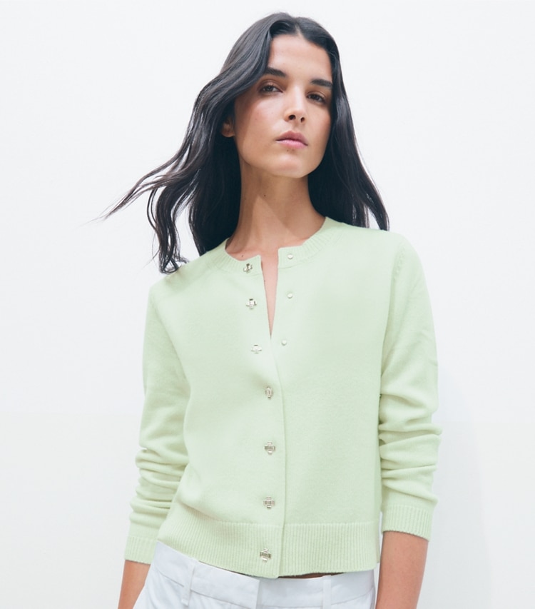 Tory Burch designer sweaters Bunny Knot Cashmere Cardigan in Mint on model detail
