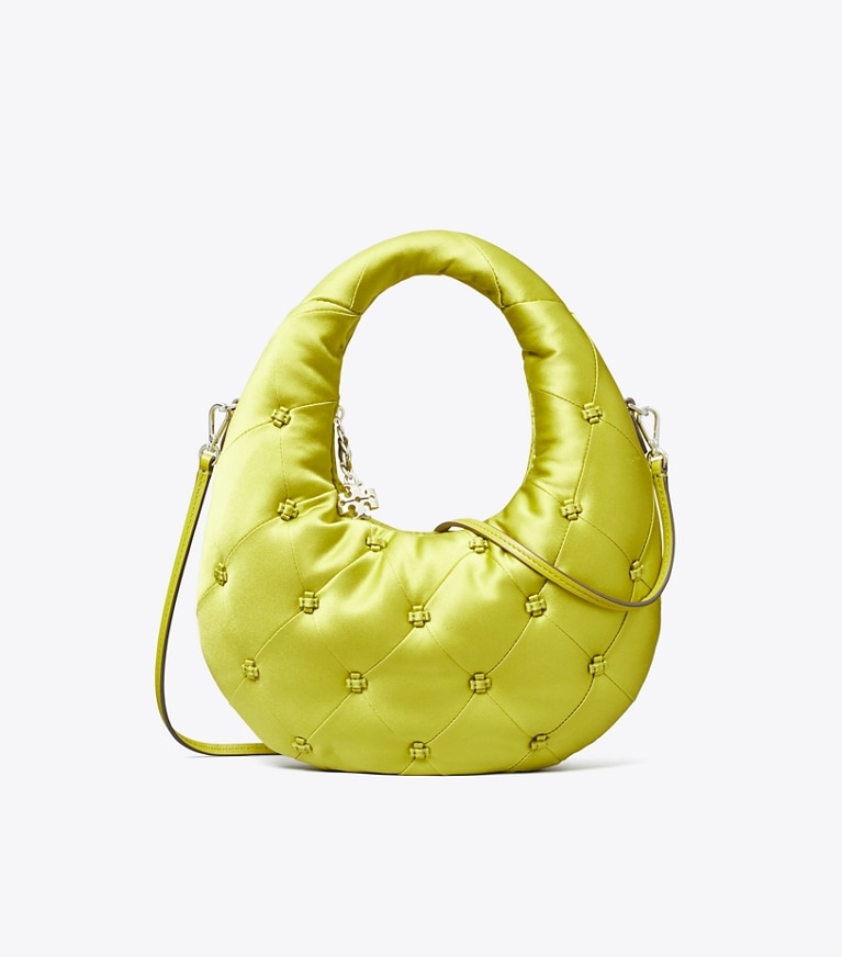 Tory Burch designer crossbody bags Bunny Knot Crescent Bag aus Satin in Vibrant Green front
