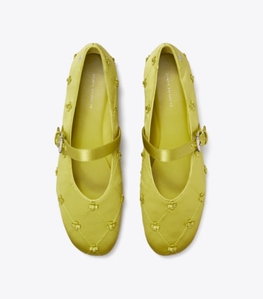 Tory Burch diseñador zapatos planos Bunny Knot Mary Jane en VIBRANT GREEN vista superior