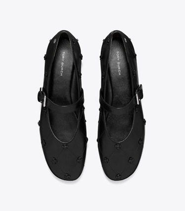Tory Burch diseñador zapatos planos Bunny Knot Mary Jane en BLACK / BLACK vista superior