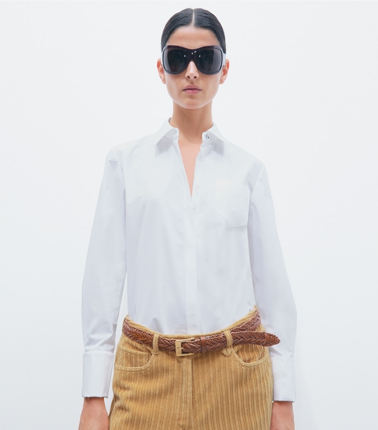 Tory Burch designer tops Bunny Knot Poplin Shirt in White on model detail