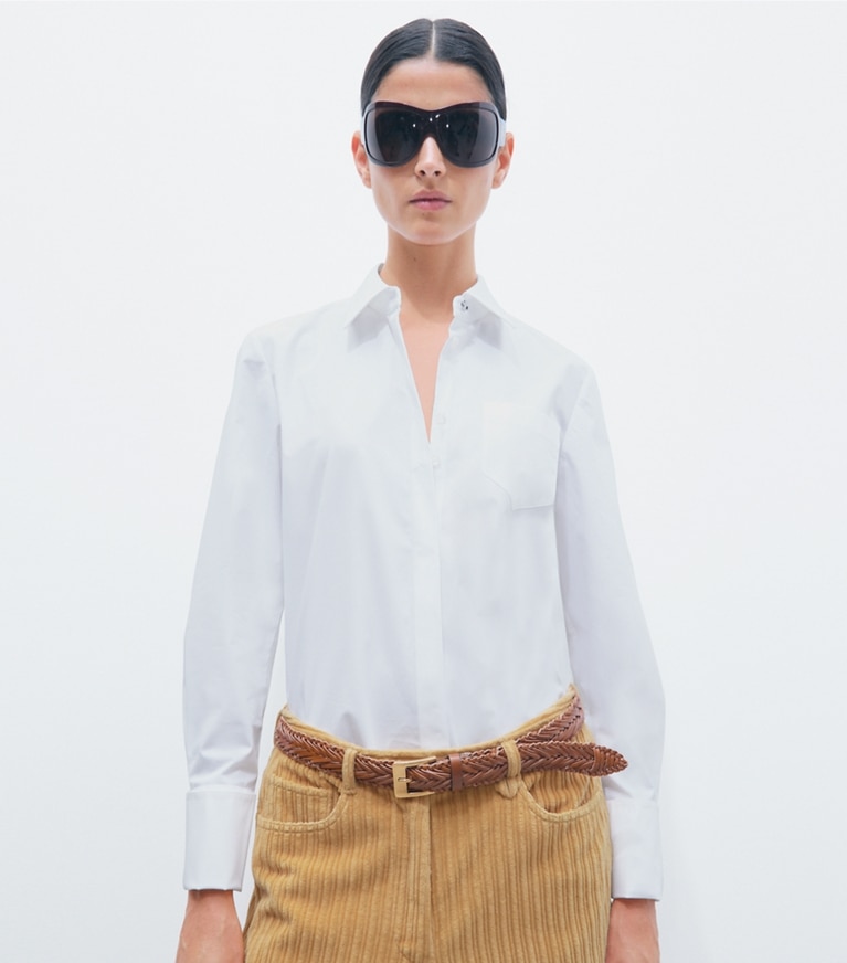 Tory Burch designer tops Bunny Knot Poplin Shirt in White on model detail