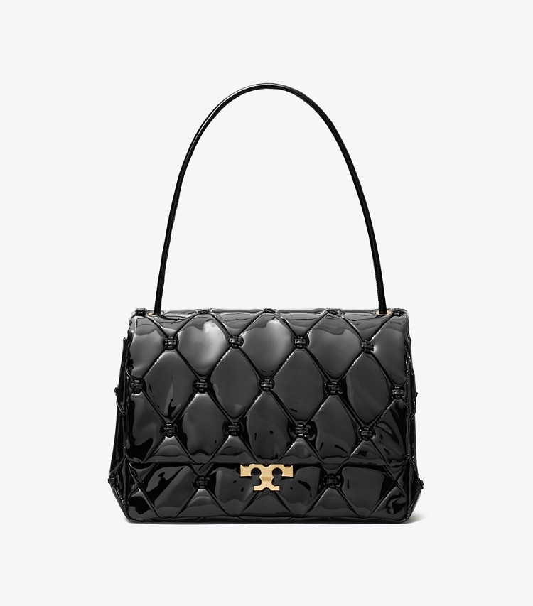 Tory Burch designer shoulder bags Bunny Knot Runway Patent Leather Shoulder Bag in Black front