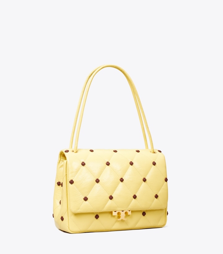 Tory Burch designer schultertaschen Bunny Knot Runway Schultertasche aus Lackleder in Beeswax angle