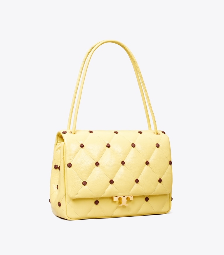 Tory Burch designer schultertaschen Bunny Knot Runway Schultertasche aus Lackleder in Beeswax angle