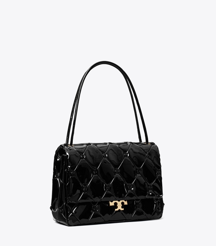 Tory Burch designer schultertaschen Bunny Knot Runway Schultertasche aus Lackleder in Black angle
