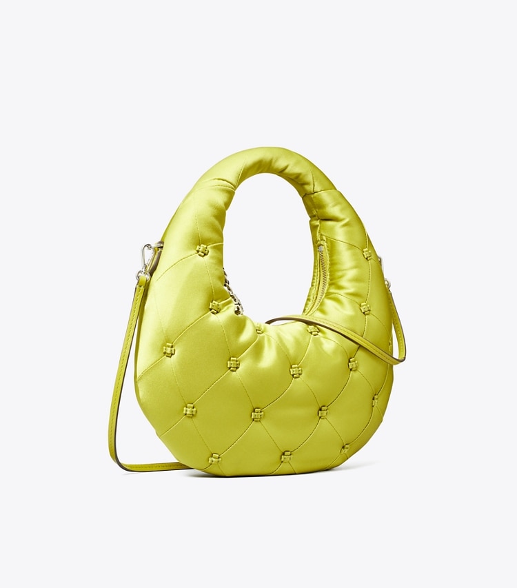 Tory Burch designer crossbody bags Bunny Knot Satin Crescent Bag in Vibrant Green angle
