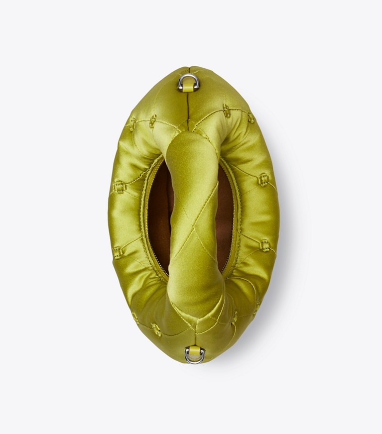 Tory Burch designer crossbody bags Bunny Knot Satin Crescent Bag in Vibrant Green overhead