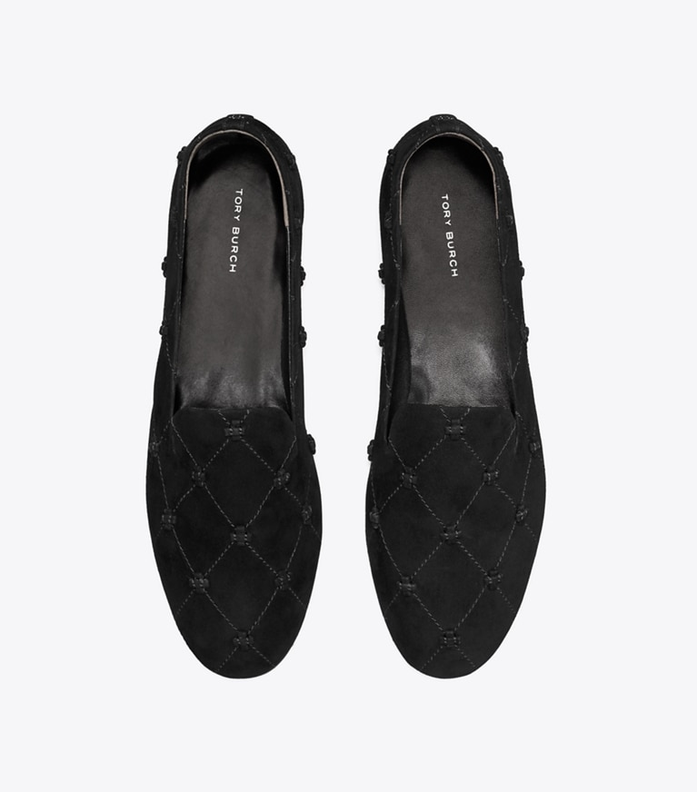 Tory Burch designer flats Bunny Knot Smoking Slipper in PERFECT BLACK overhead