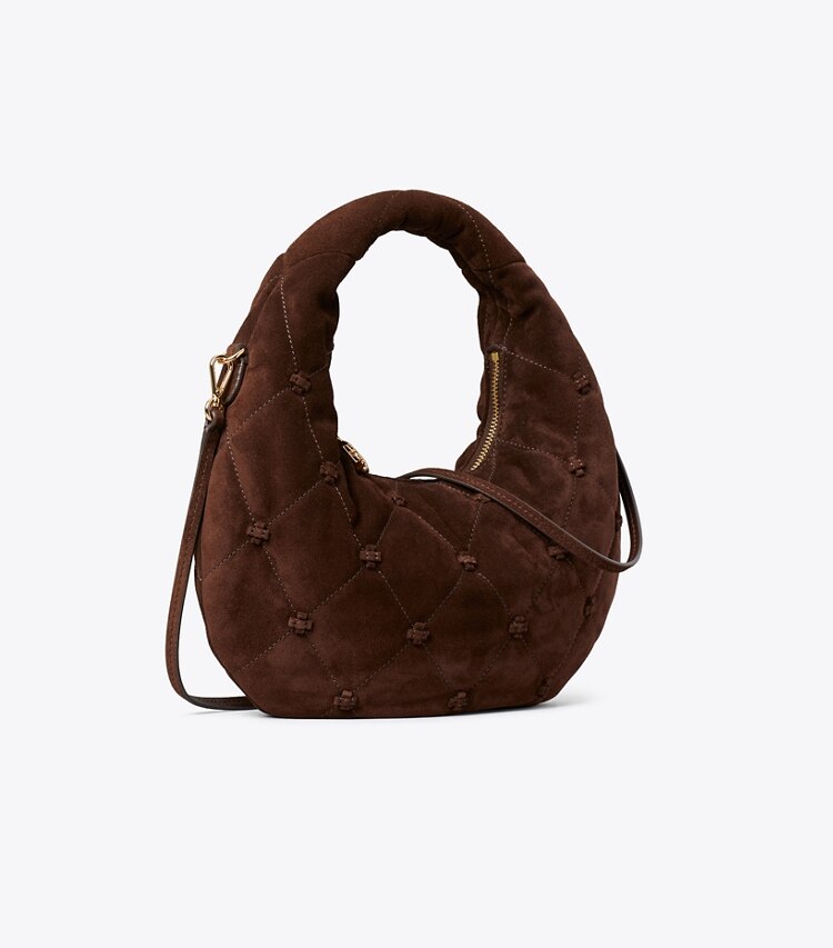 Tory Burch designer crossbody bags Bunny Knot Suede Crescent Bag in Dark Cocoa angle