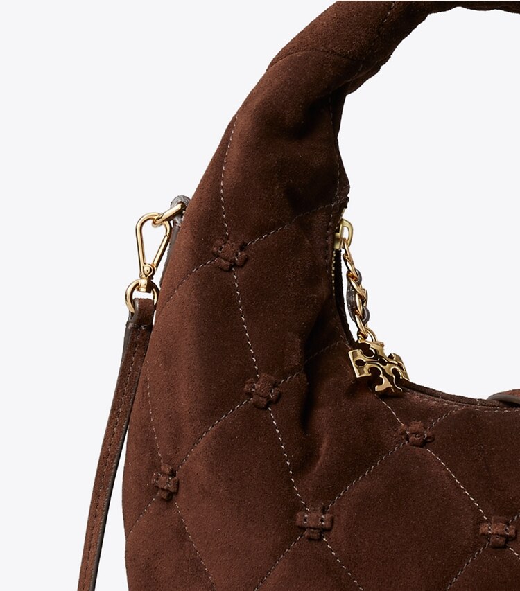 Tory Burch designer crossbody bags Bunny Knot Suede Crescent Bag in Dark Cocoa detail