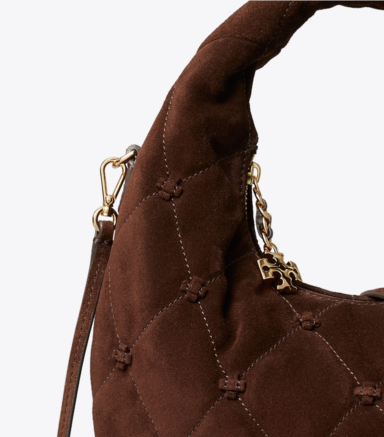 Tory Burch designer crossbody bags Bunny Knot Suede Crescent Bag in Dark Cocoa detail
