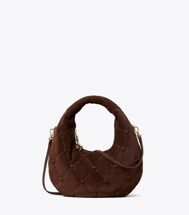 Tory Burch designer crossbody bags Bunny Knot Suede Crescent Bag in Dark Cocoa front
