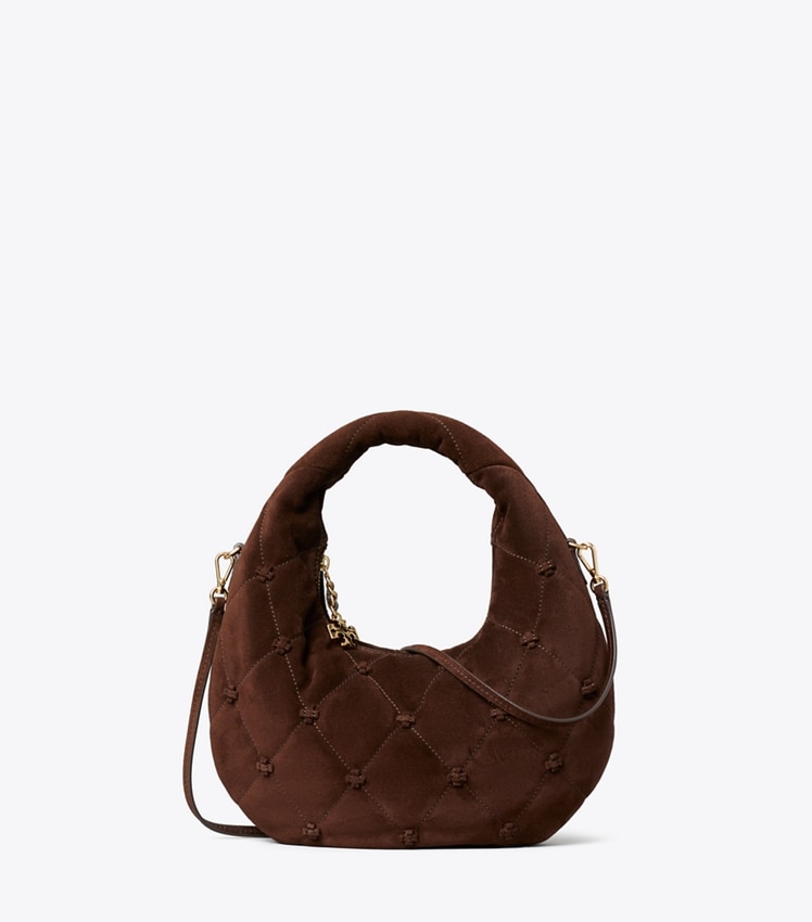 Tory Burch Bunny Knot Suede Crescent Bag — Dark Cocoa
