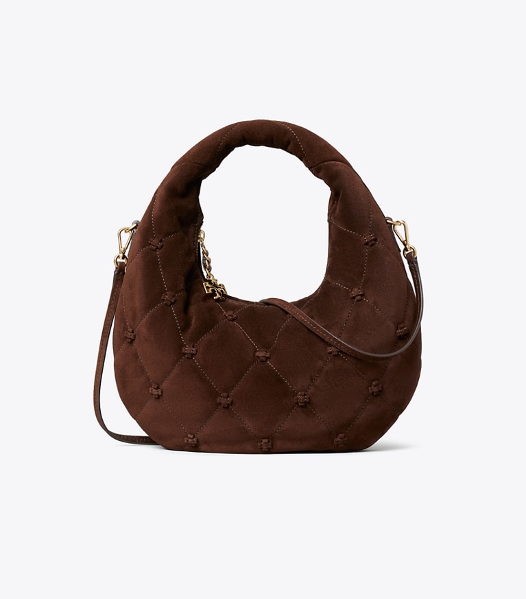 Tory Burch designer crossbody bags Bunny Knot Suede Crescent Bag in Dark Cocoa front
