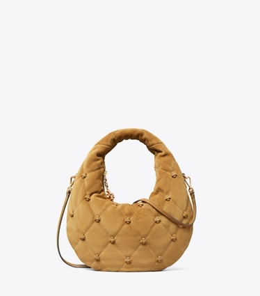 Tory Burch designer crossbody bags Bunny Knot Suede Crescent Bag in Toffee front