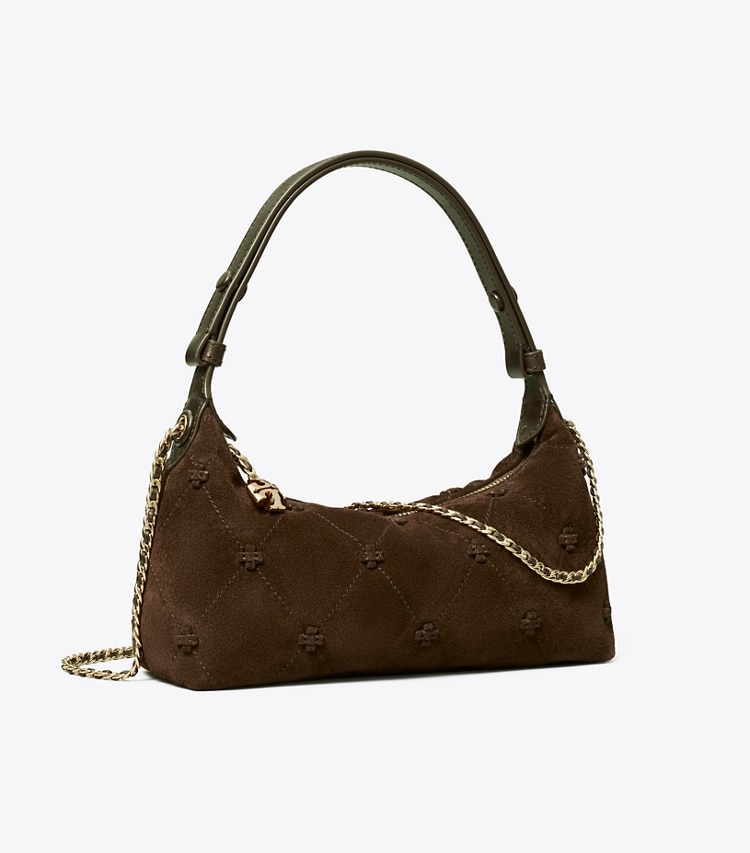 Tory Burch designer crossbody bags Bunny Knot Suede Pochette in Dark Cocoa angle