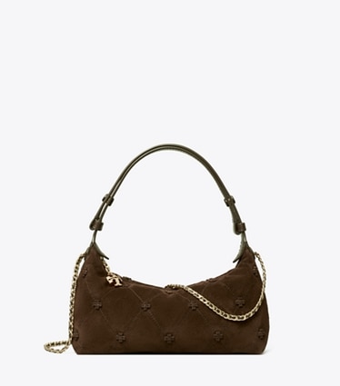 Tory Burch designer crossbody bags Bunny Knot Suede Pochette in Dark Cocoa front
