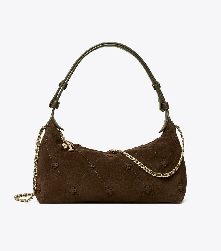 Tory Burch designer crossbody bags Bunny Knot Suede Pochette in Dark Cocoa front