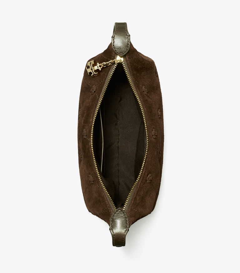 Tory Burch designer crossbody bags Bunny Knot Suede Pochette in Dark Cocoa overhead