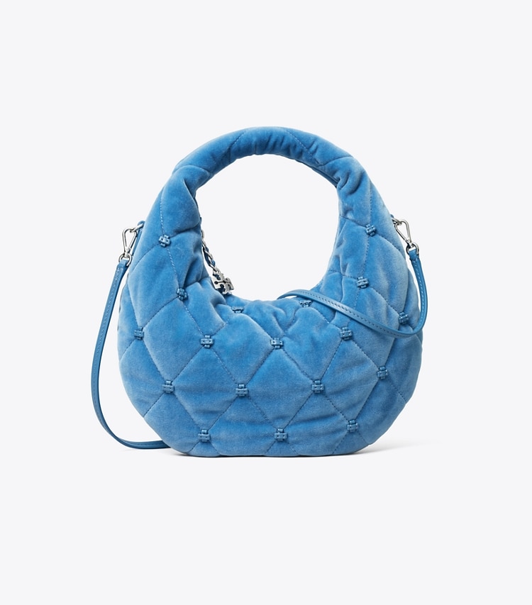 Tory Burch designer crossbody bags Bunny Knot Velvet Crescent Bag in Steel Blue front