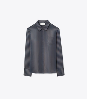 Tory Burch designer tops Bunny Knot Viscose Shirt in Navy/Yellow/Red Menswear Stripe Lining front