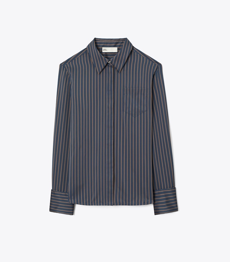 Tory Burch designer tops Bunny Knot Viscose Shirt in Navy/Yellow/Red Menswear Stripe Lining front