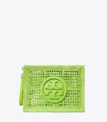 Tory Burch designer portafogli da polso Bustina Ella lavorata all’uncinetto in Bright Fern front