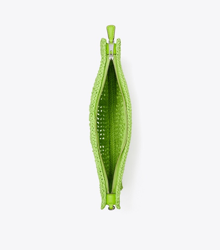 Tory Burch designer portafogli da polso Bustina Ella lavorata all’uncinetto in Bright Fern angle