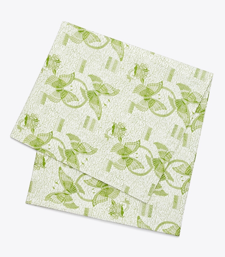 Tory Burch designer linens Butterfly Batik Oblong Tablecloth, 126" X 70" in Green front
