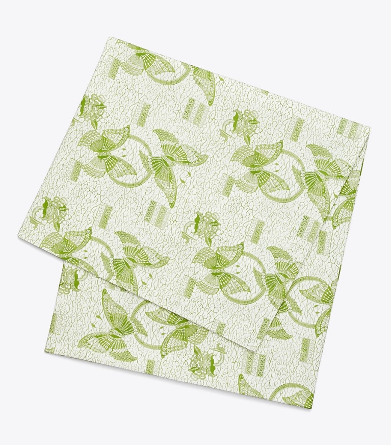 Tory Burch designer linens Butterfly Batik Oblong Tablecloth, 126" X 70" in Green front