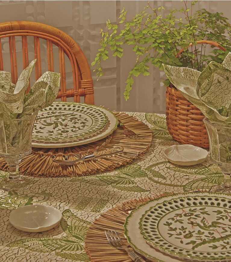 Tory Burch designer linens Butterfly Batik Round Tablecloth, 108" in Green front