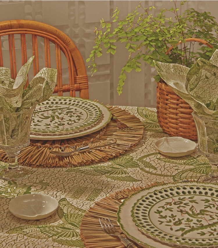 Tory Burch designer linens Butterfly Batik Round Tablecloth, 132" in Green editorial