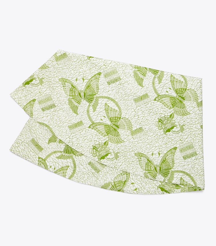 Tory Burch designer linens Butterfly Batik Round Tablecloth, 132" in Green front