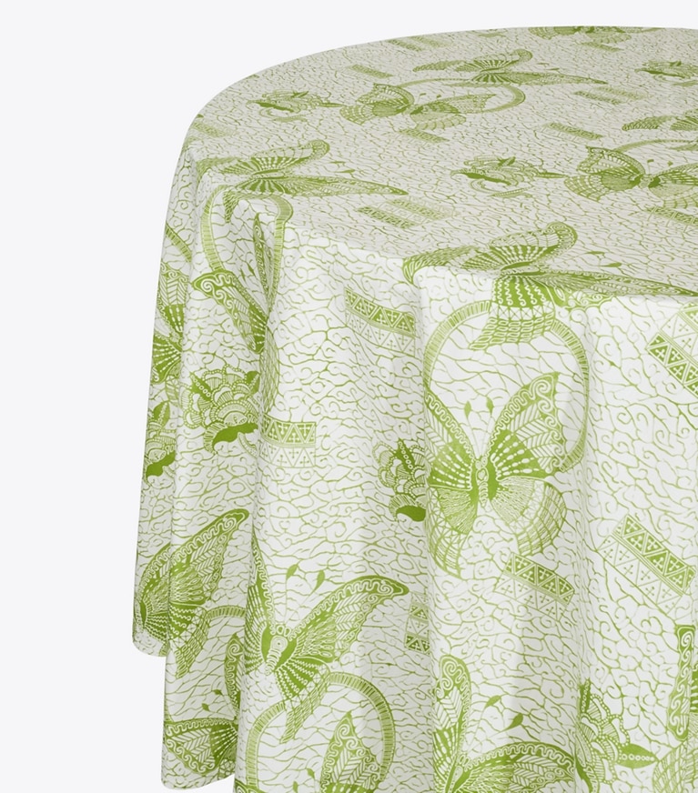 Tory Burch designer linens Butterfly Batik Round Tablecloth, 90" in Green front