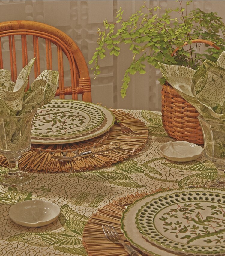 Tory Burch designer linens Butterfly Batik Round Tablecloth, 90" in Green editorial