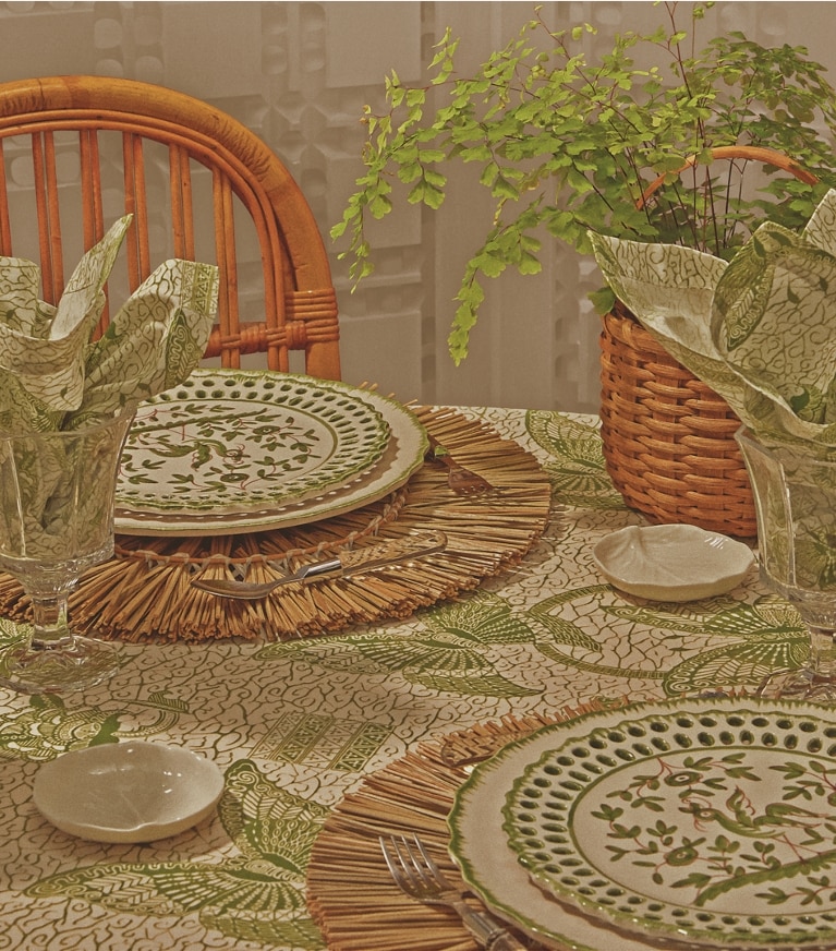 Tory Burch designer linens Butterfly Batik Round Tablecloth, 90" in Green front
