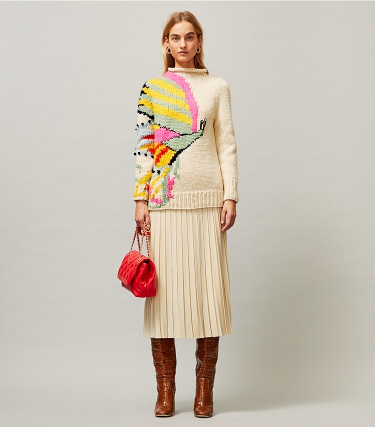 Tory Burch designer sweaters Butterfly Handknit Turtleneck in New Ivory on model front