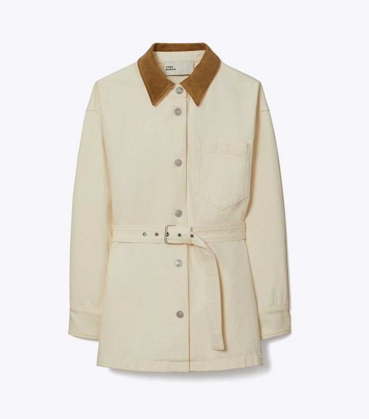 Tory Burch designer jackets Button Down Denim Jacket in Beige front