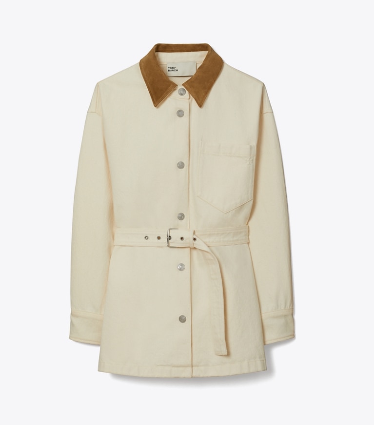 Tory Burch designer jackets Button Down Denim Jacket in Beige front