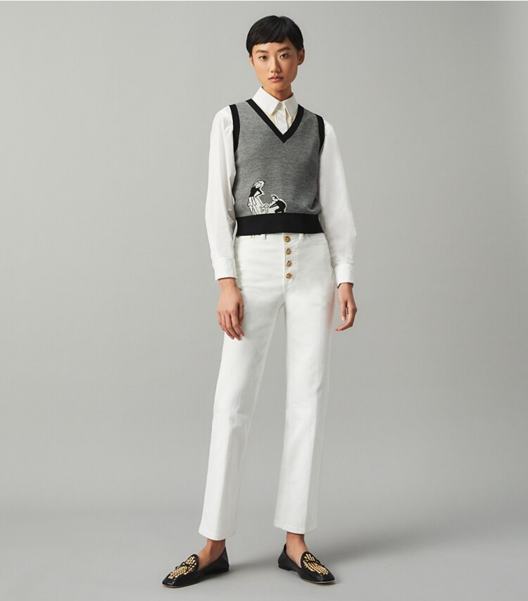 Tory Burch designer bottoms Button-Fly Denim Pant in Rinse on model front