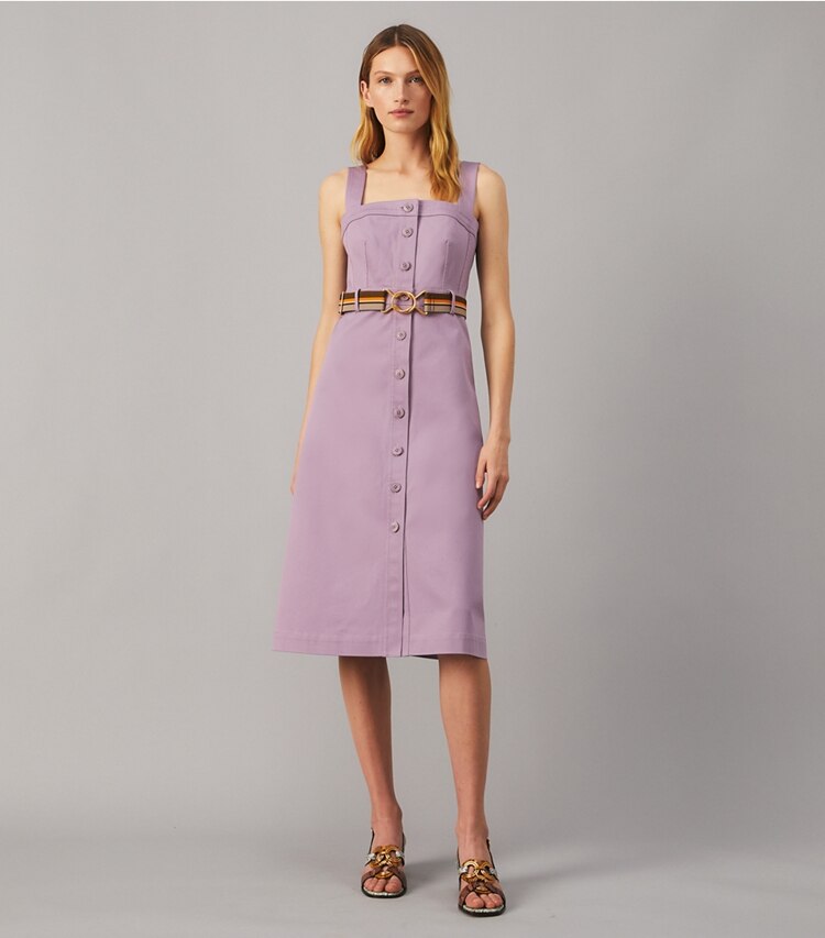 Tory Burch designer dresses Button Front Sundress in Spring Hydrangea on model front