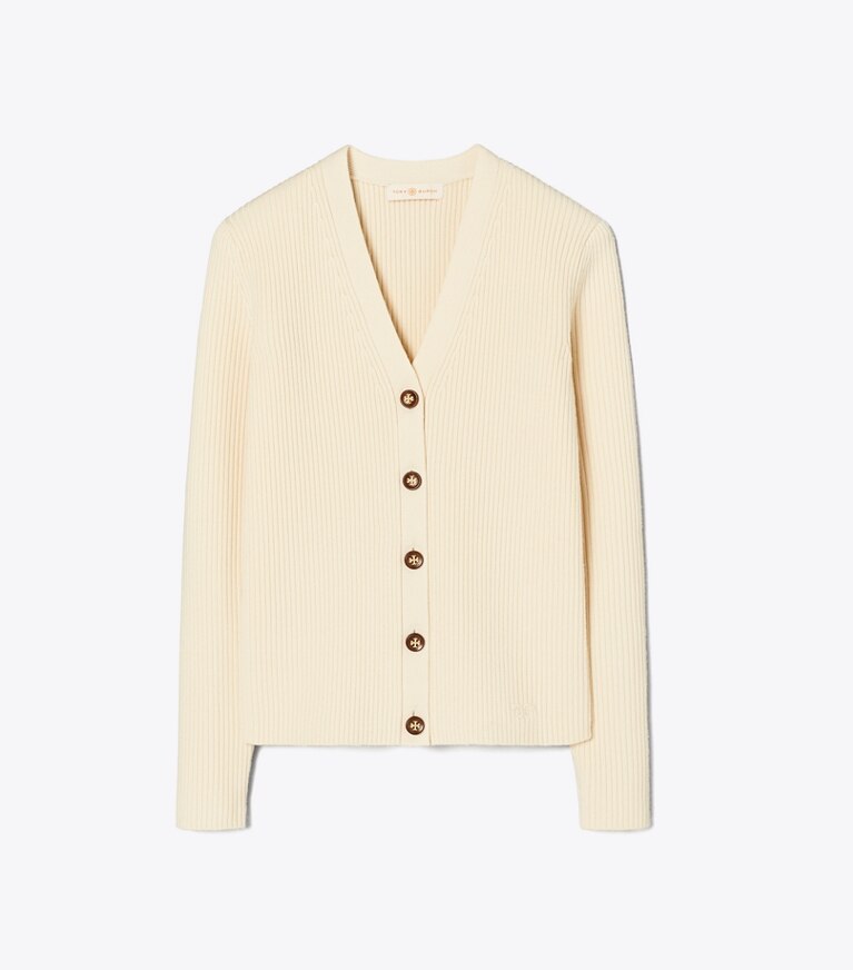 Tory Burch diseñador suéteres Cárdigan acanalado de lana merino en French Cream frente