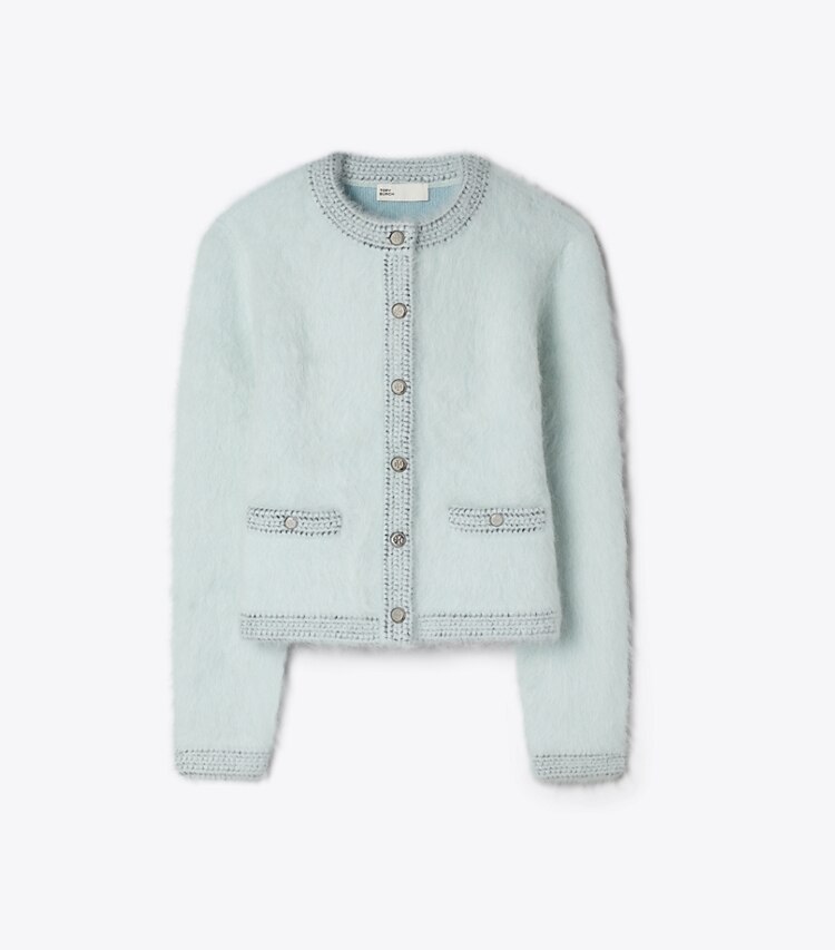 Tory Burch diseñador jerséis Cárdigan cepillado Kendra en Frosty Sky / Ice Floe frente