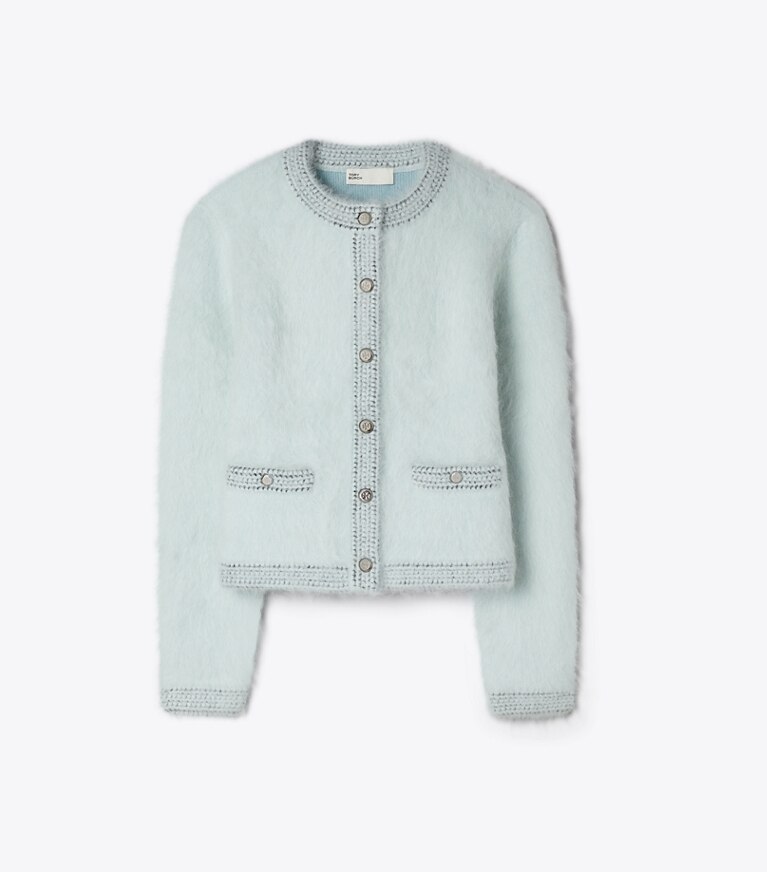 Tory Burch diseñador jerséis Cárdigan cepillado Kendra en Frosty Sky / Ice Floe frente