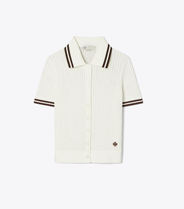 Tory Burch diseñador suéteres Cárdigan de algodón pointelle en New Ivory / 70'S BOTANICAL BROWN frente
