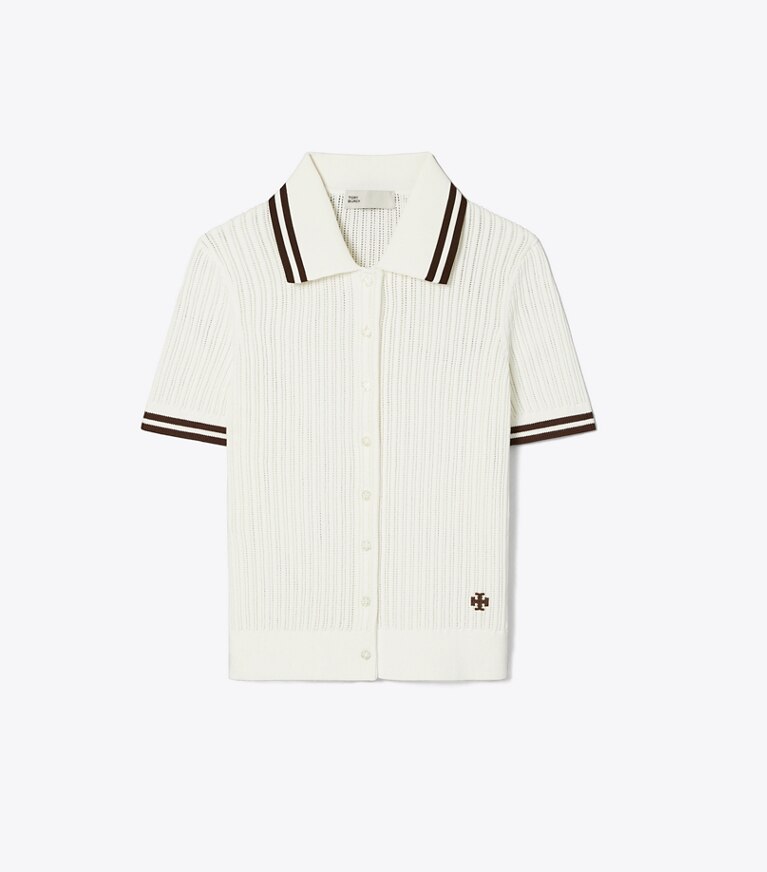 Tory Burch diseñador suéteres Cárdigan de algodón pointelle en New Ivory / 70'S BOTANICAL BROWN frente
