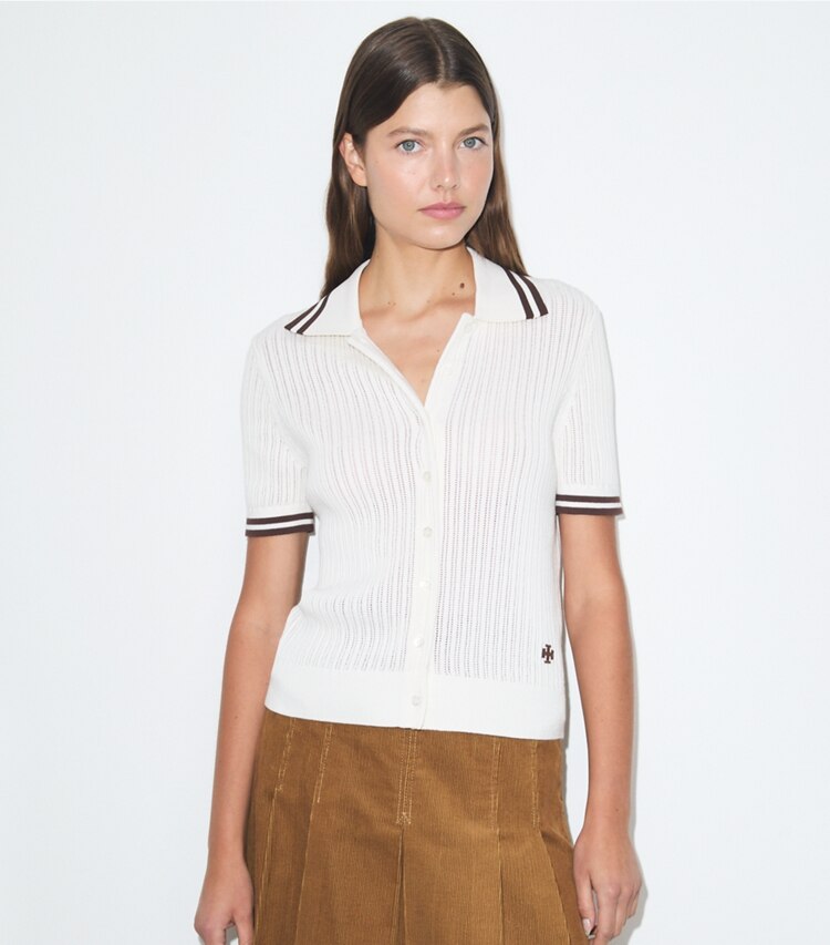 Tory Burch diseñador suéteres Cárdigan de algodón pointelle en New Ivory / 70'S BOTANICAL BROWN detalle en modelo
