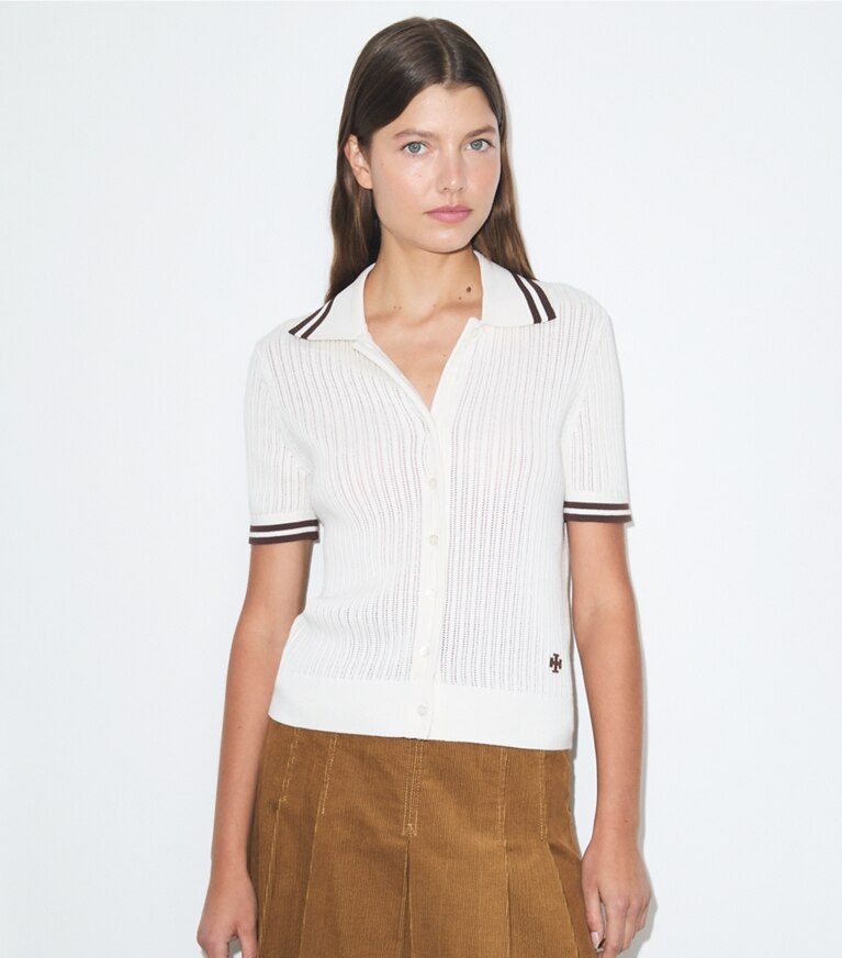 Tory Burch diseñador suéteres Cárdigan de algodón pointelle en New Ivory / 70'S BOTANICAL BROWN detalle en modelo