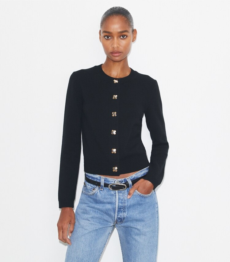 Tory Burch diseñador suéteres Cárdigan de cachemir en Black detalle en modelo